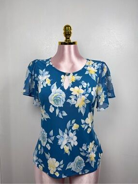 Ember Blue Floral Blouse Size M Sheer Sleeve Keyhole Neck Top Short Sleeve